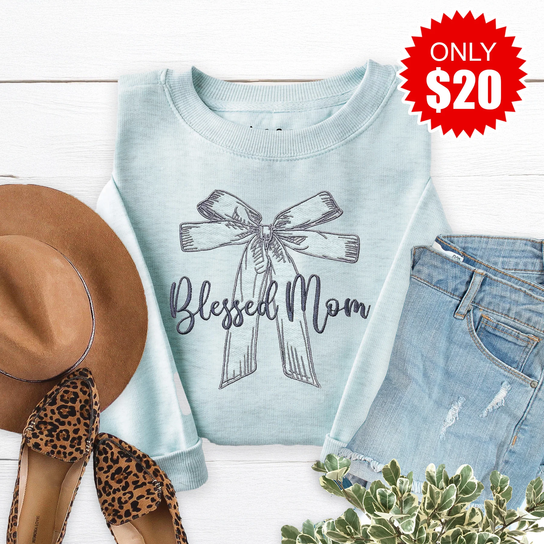 Blessed Mom Bow Embroidered Crewneck Sweatshirt - 20