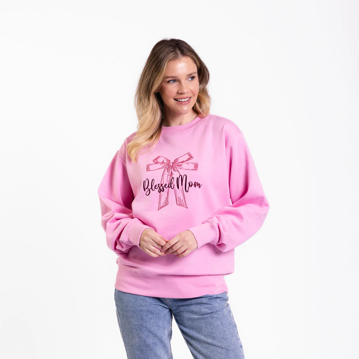 Blessed Mom Bow Embroidered Crewneck Sweatshirt - 18 - Image 5