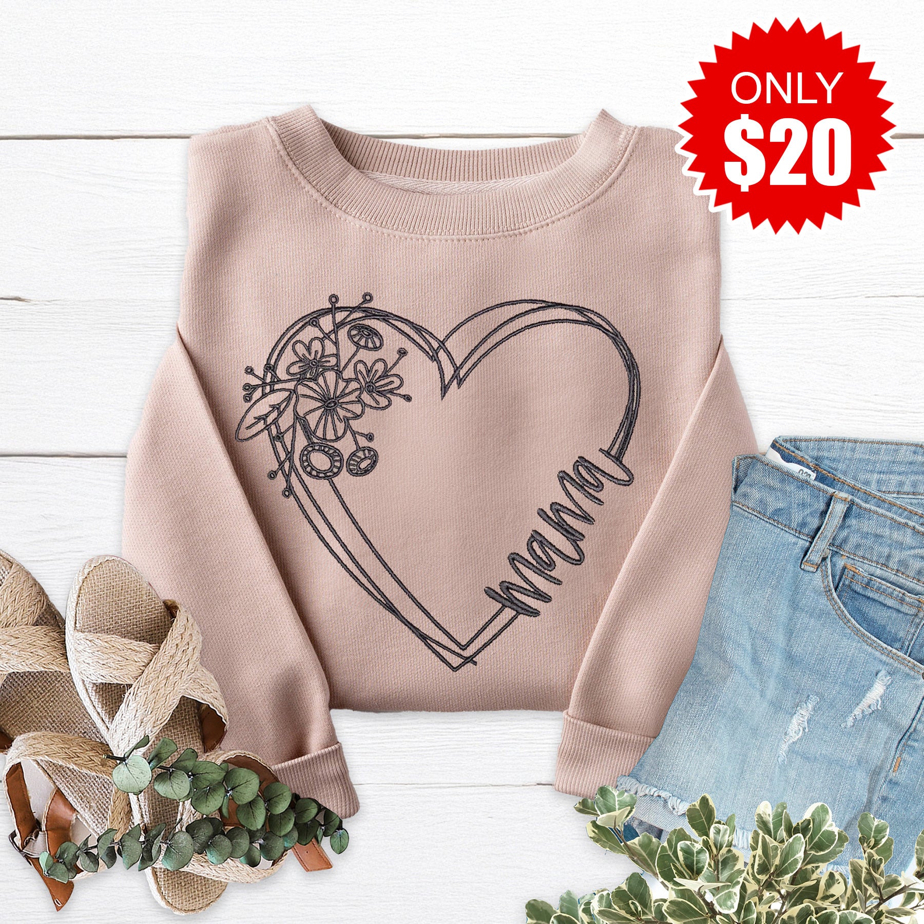 Mama Heart Embroidered Crewneck Sweatshirt - 20