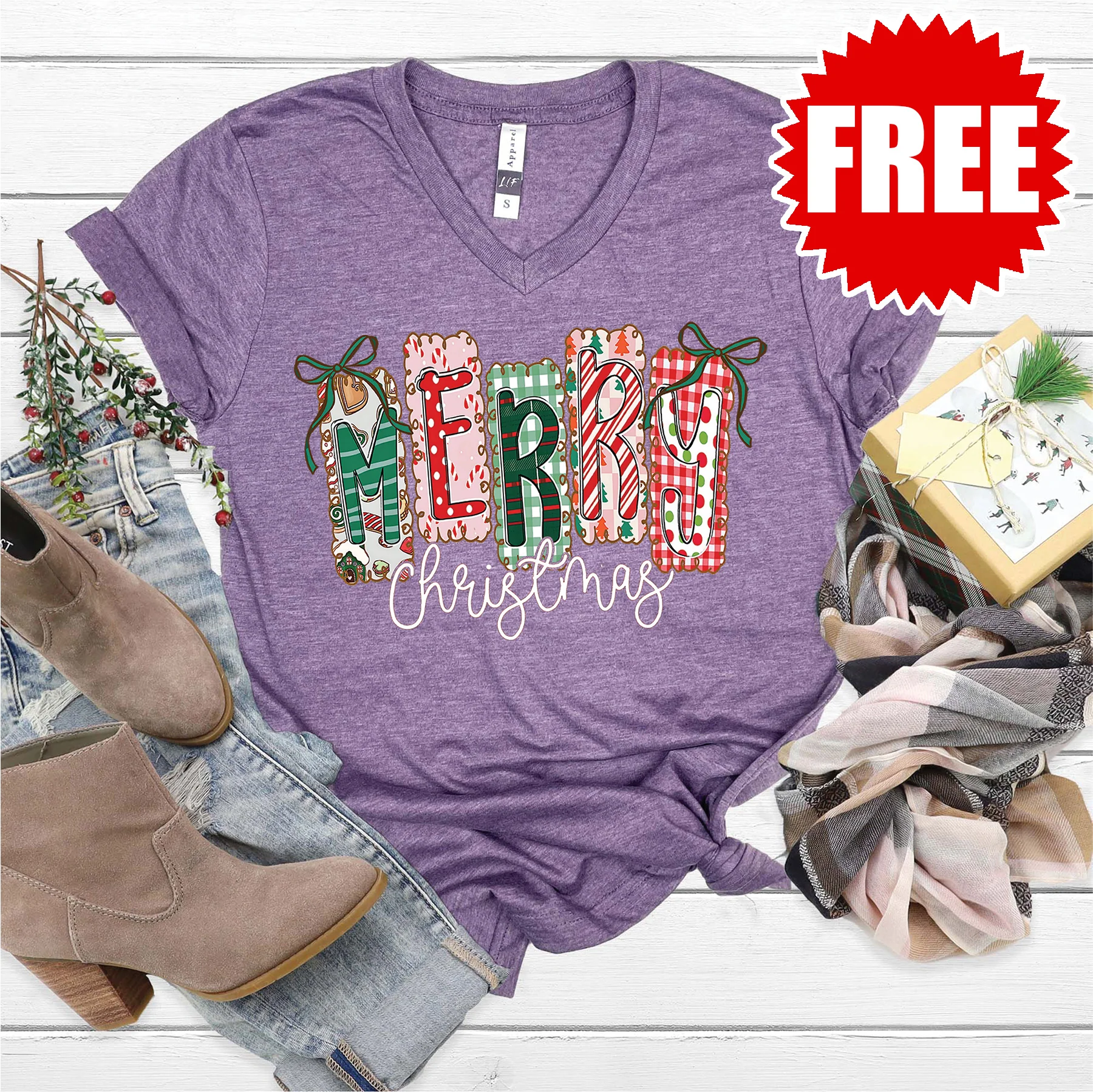 Merry Christmas Colorful V-Neck - Heather Deep Purple - 0