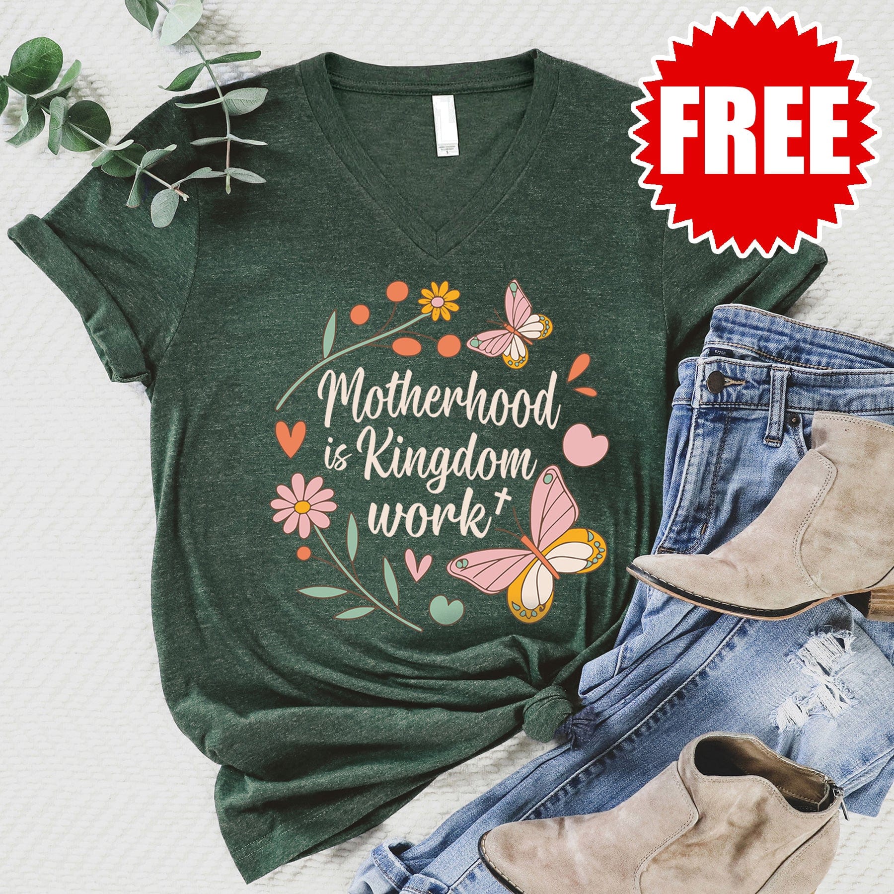 Motherhood Is Kingdom Work V-Neck - Heather Forest