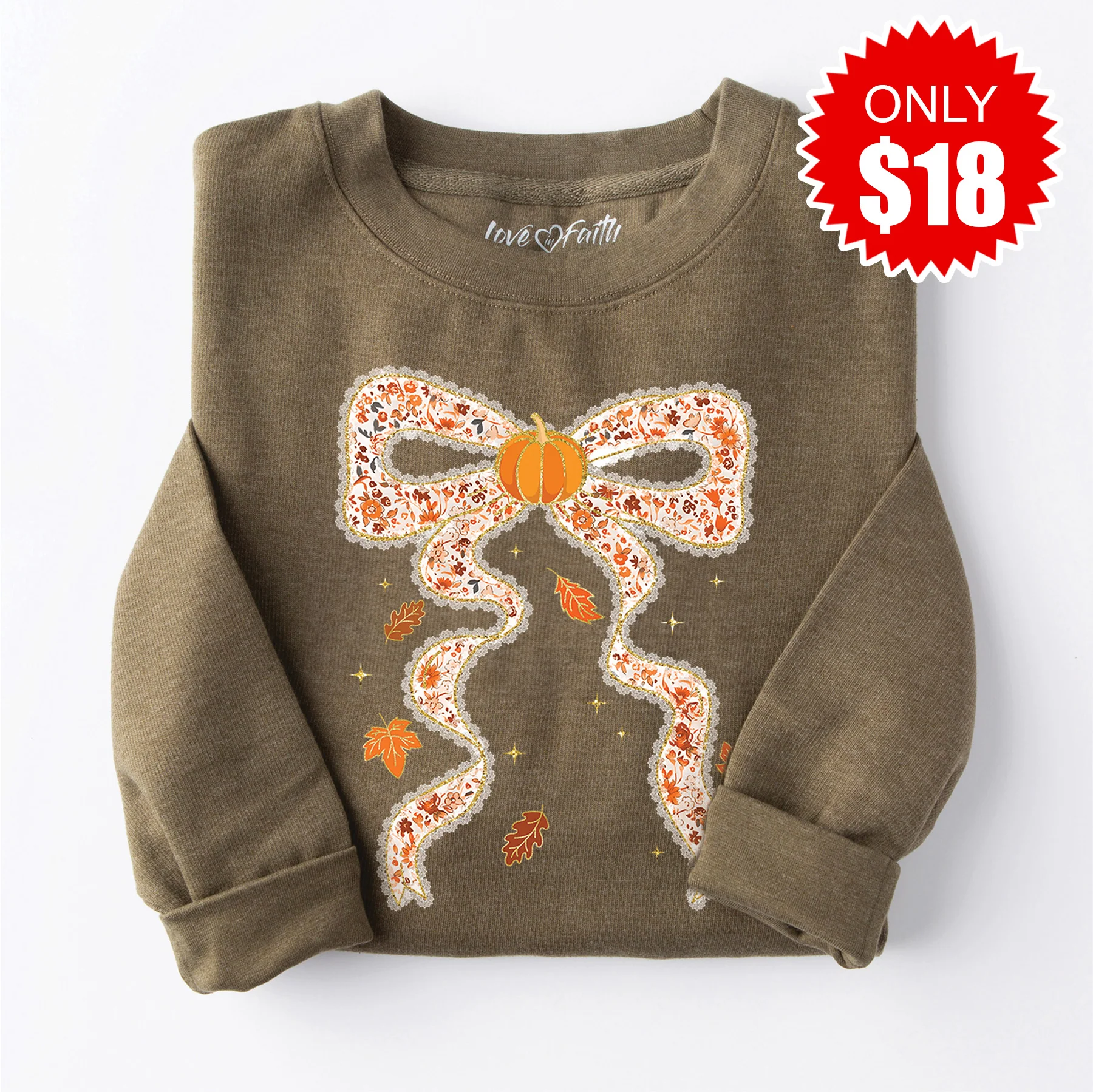 Pumpkin Bow Doily Sweatshirt - Heather Olive - 18