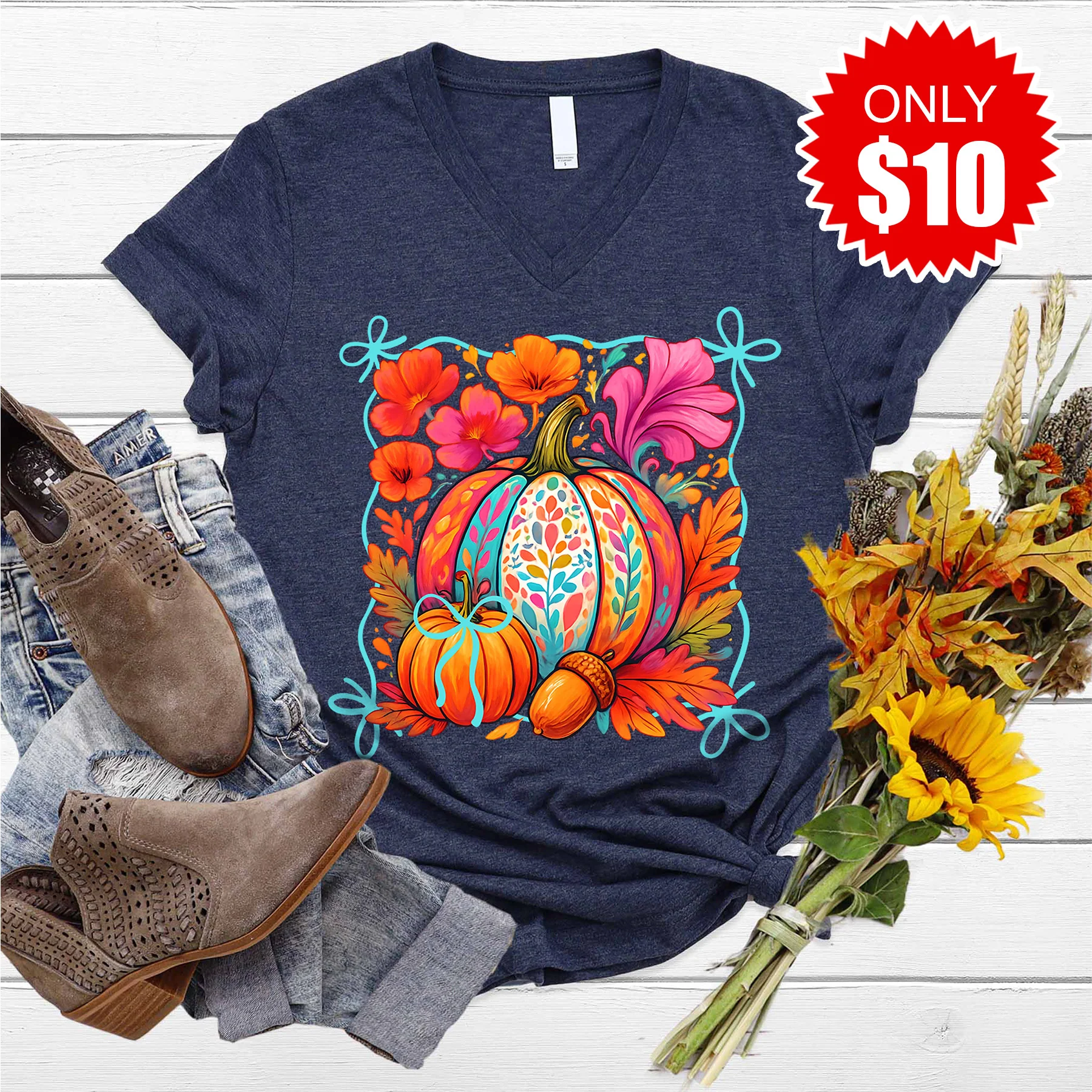 Pumpkins V-Neck - Heather Navy - 10