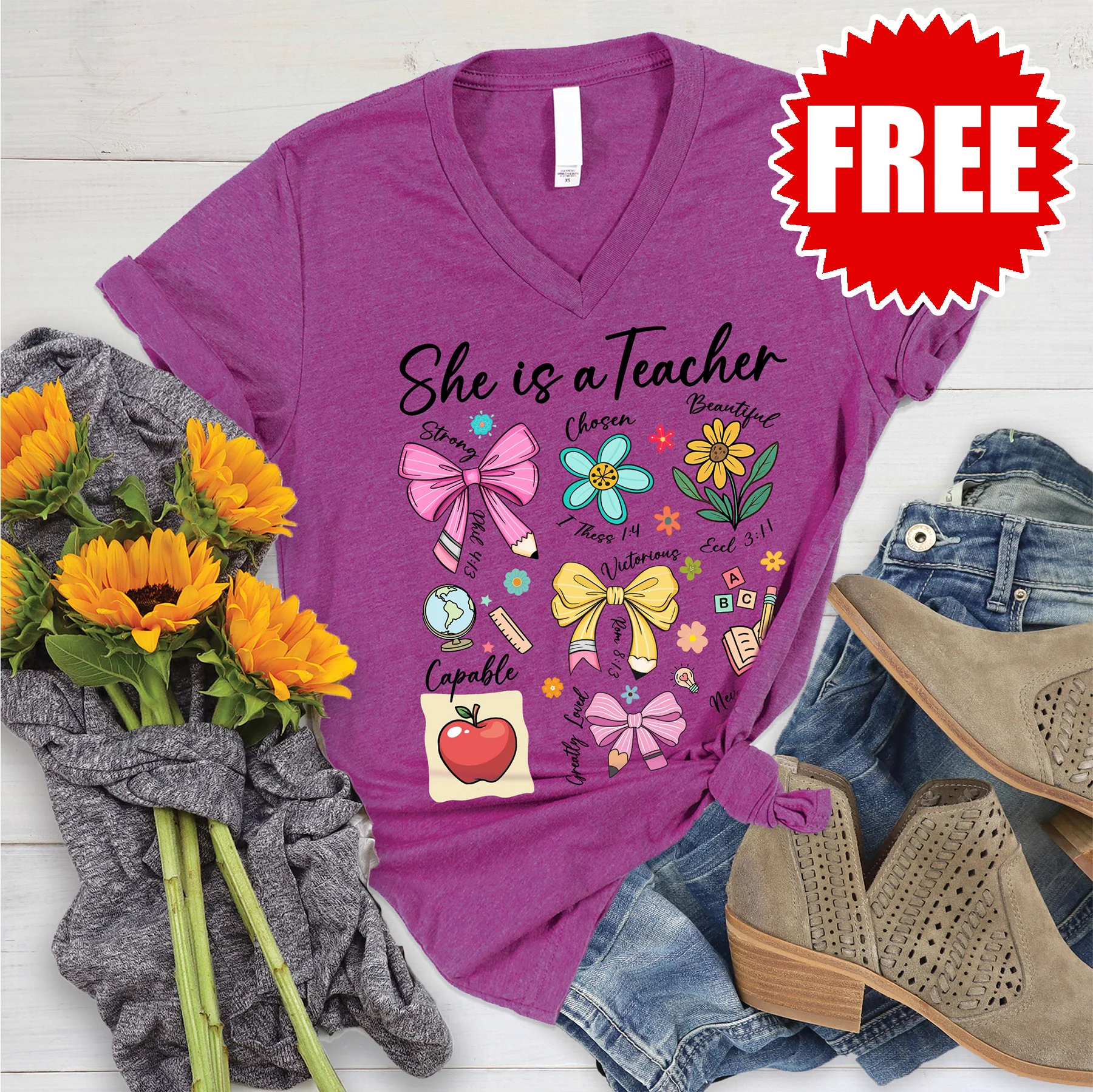 She Is Teacher V-Neck - Heather Dragonfruit - 0