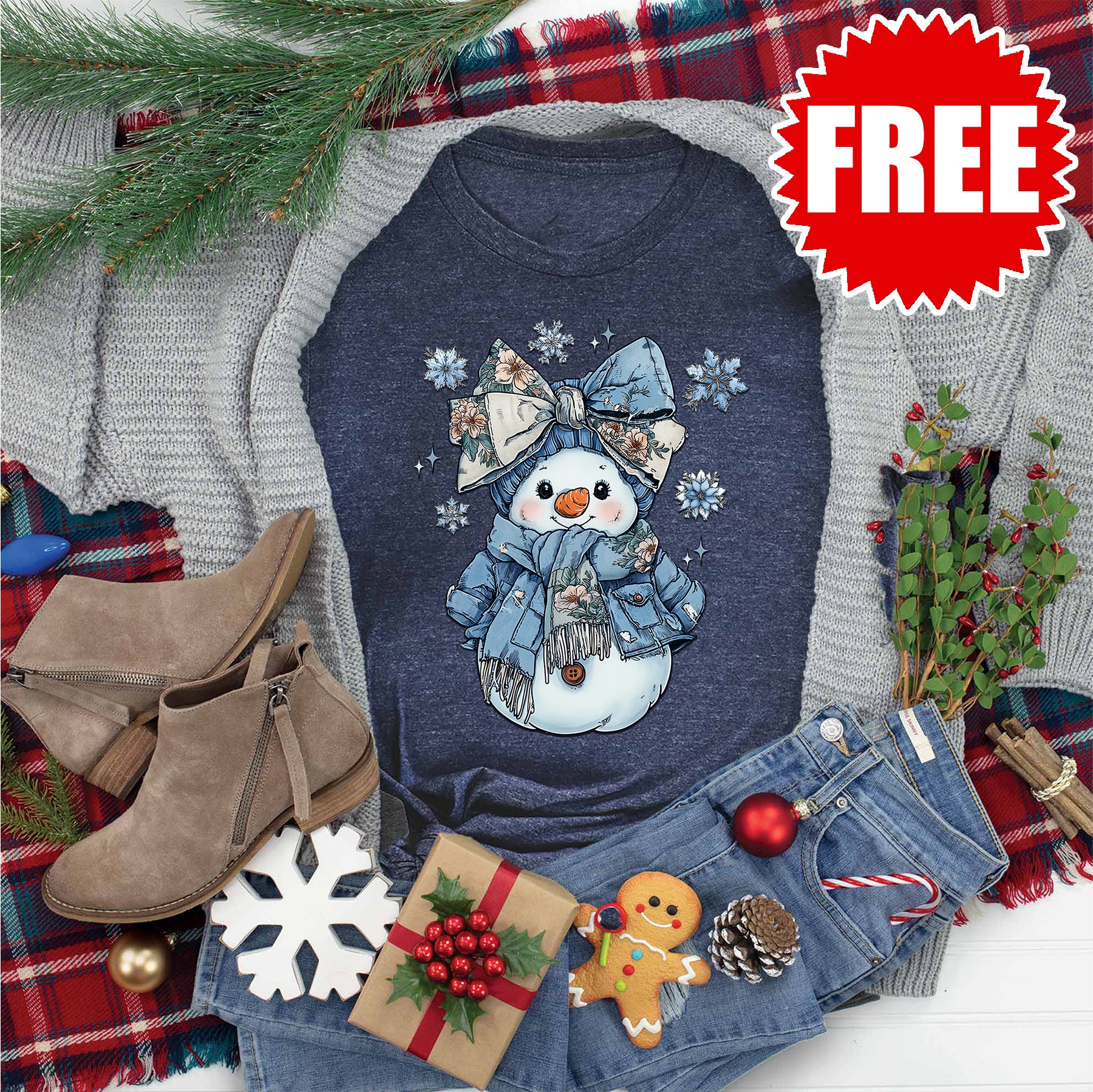 Snowman Blue Floral Tee - Heather Navy - 0
