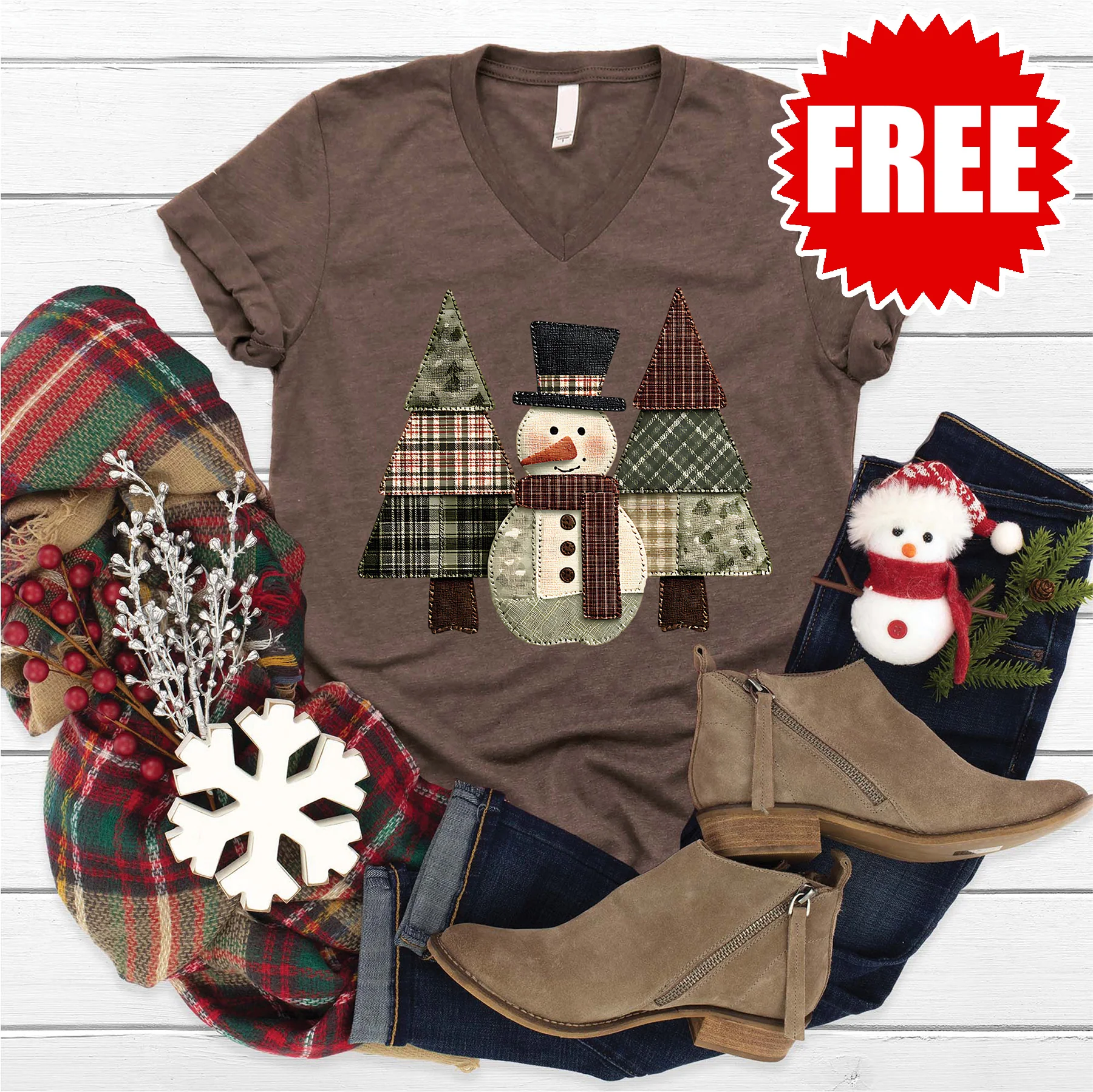 Snowman Trees Patchwork V-Neck - Heather Brown - 0