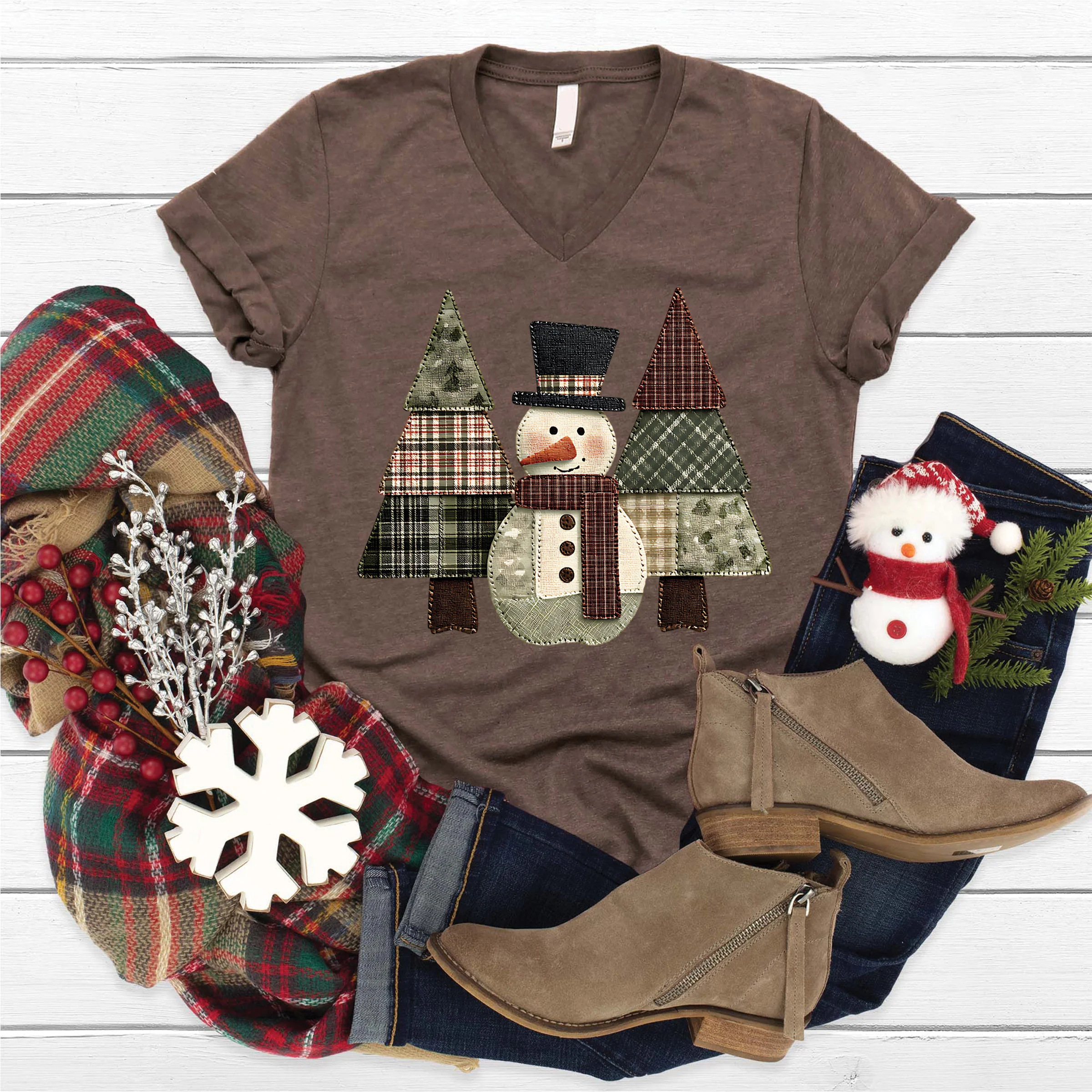 Snowman Trees Patchwork V-Neck - Image 3