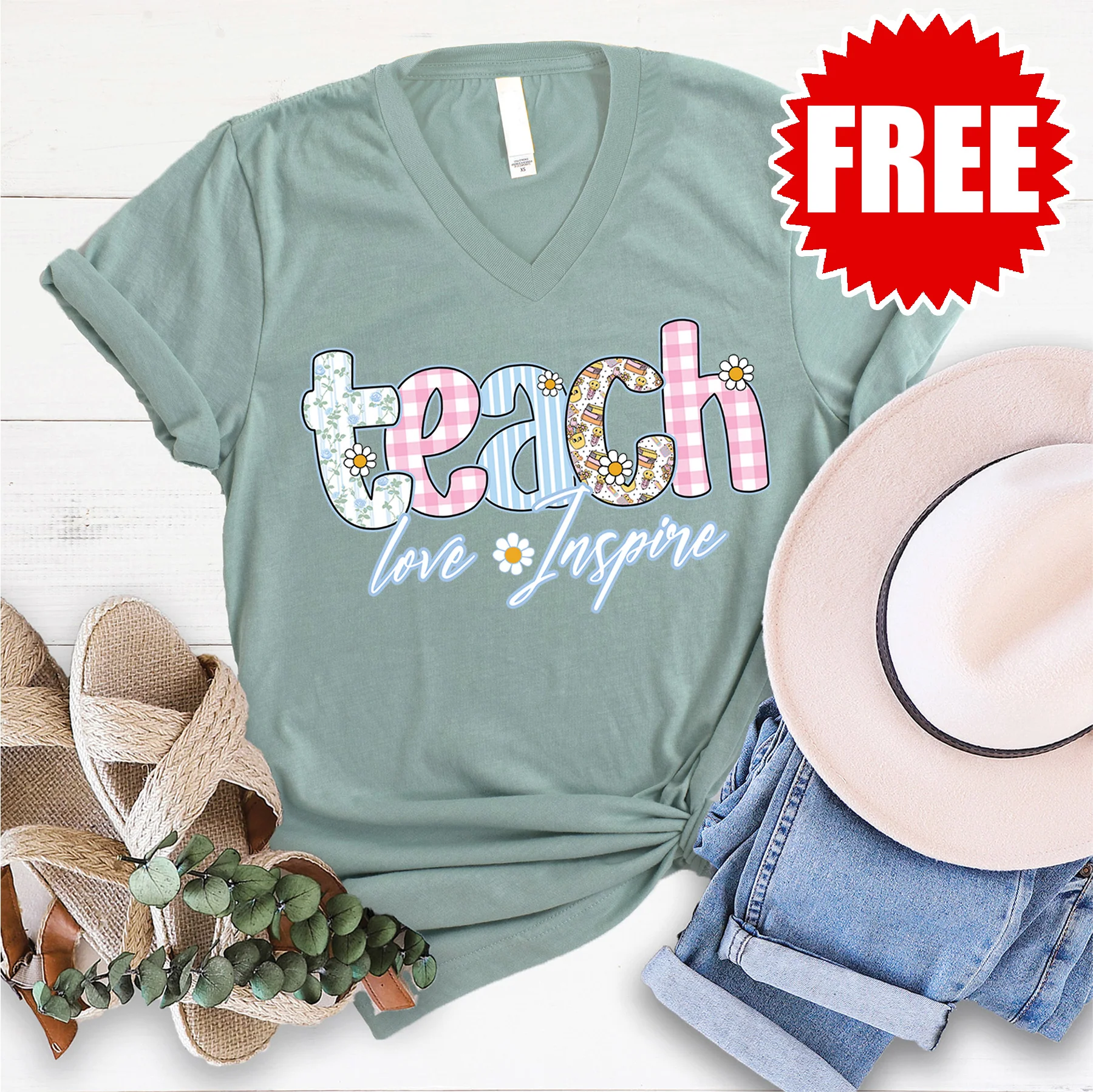 Teach Love Inspire V-Neck - Heather Sage - 0
