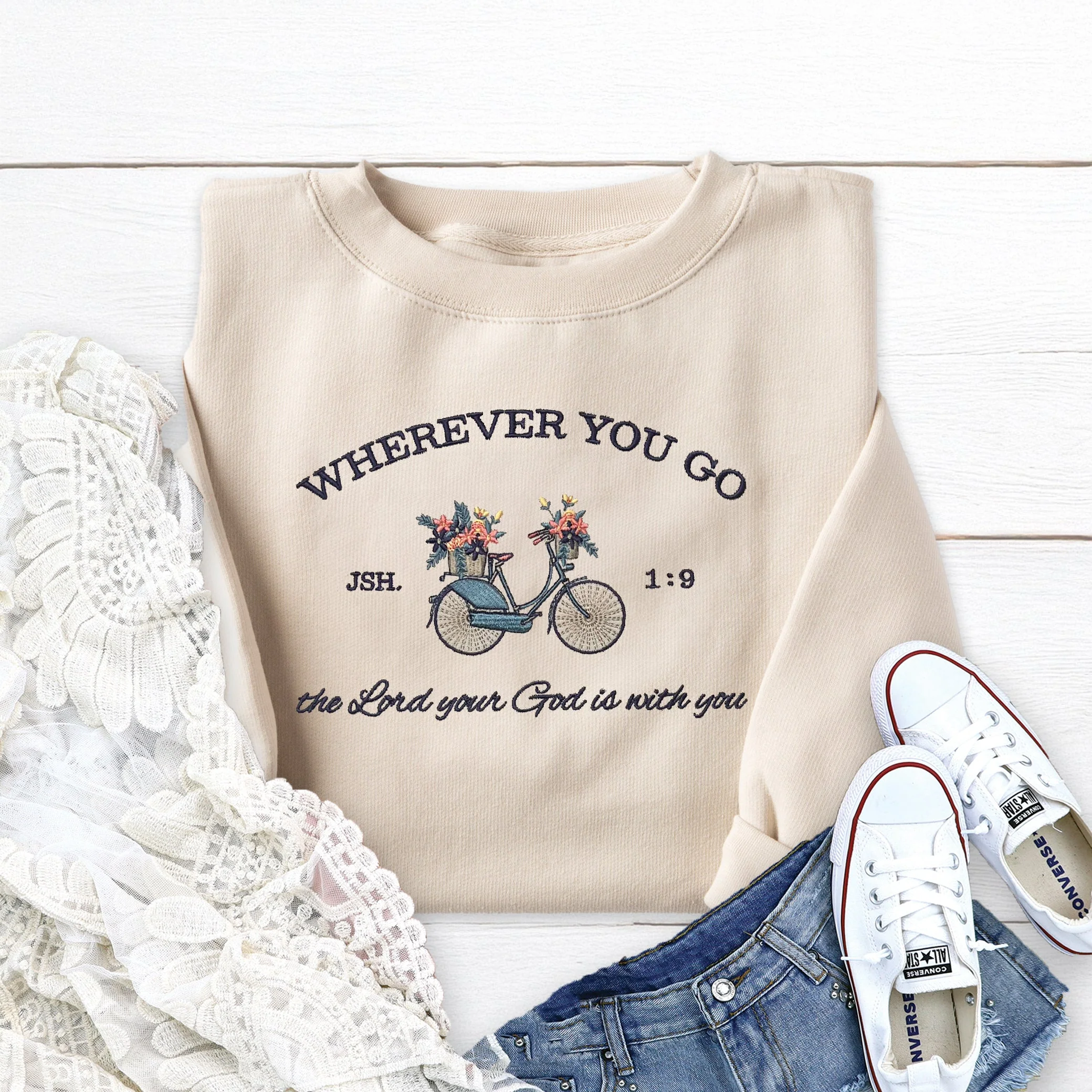 Wherever You Go Bicycle Embroidered Crewneck Sweatshirt